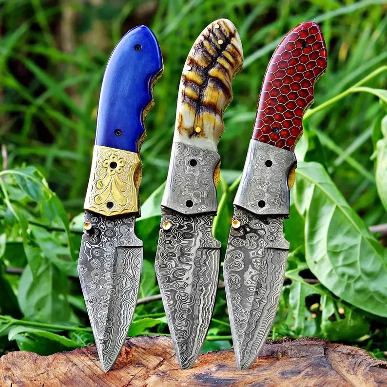 Damascus Steel Pocket Knife In Three Variations