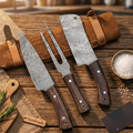 Pitmaster Damascus BBQ Knife Set Leather Roll Fork Gift Set
