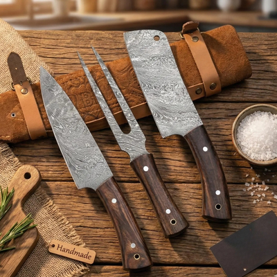 Pitmaster Damascus BBQ Knife Set Leather Roll Fork Gift Set