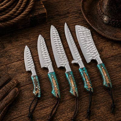 5-Piece Chef Knife Set – Turquoise Handmade Kitchen Gift Dad