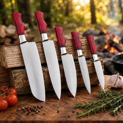 Red Wood Damascus Chef Knife Set – Handmade Sheath Dad Gift
