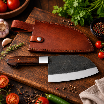 Kitchen Meat Cleaver – Handmade Leather Sheath Gift for Dad