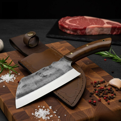 Walnut Forged Chef Knife Leather Sheath Kitchen Gift for Dad