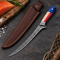 Patriot Damascus Fillet Knife USA Handle Leather Sheath Gift