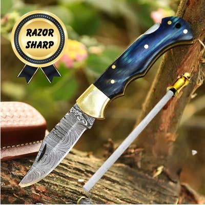 Slim EDC Folding Pocket Knife Blue Wood Christmas Gift Dad