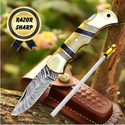 True Damascus Pocket Knife Bone Brass Christmas Gift for Dad