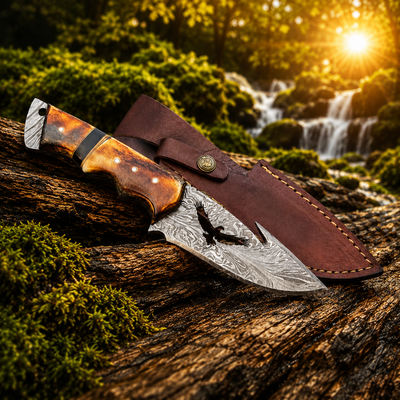 Leather Damascus Fixed Blade Knife Leather Sheath Gift Set