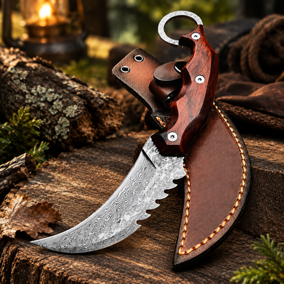 Damascus Curved Karambit Knife – Tactical Gift Set for Men