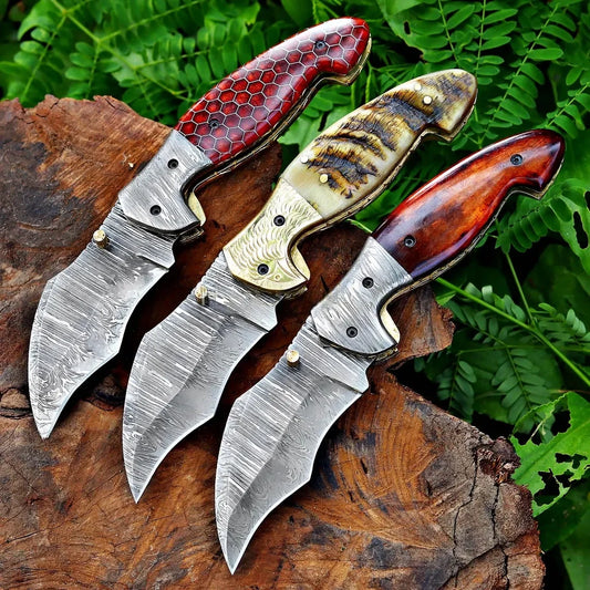 Damascus Steel Pocket Knife In Three Variations