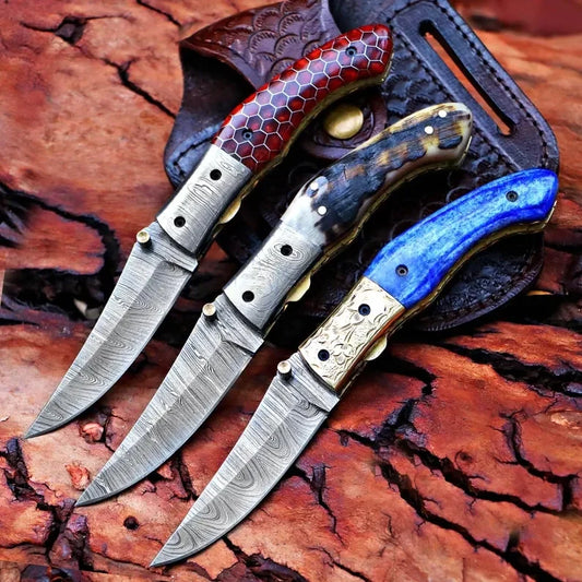 Damascus Steel Pocket Knife In Three Variations