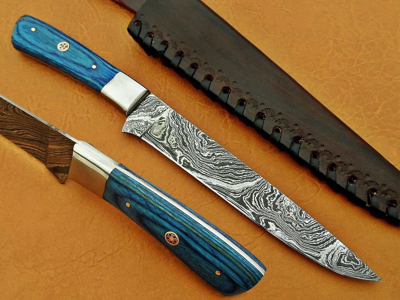 Damascus Steel Blade Fillet Knife Handle Material Blue Micarta