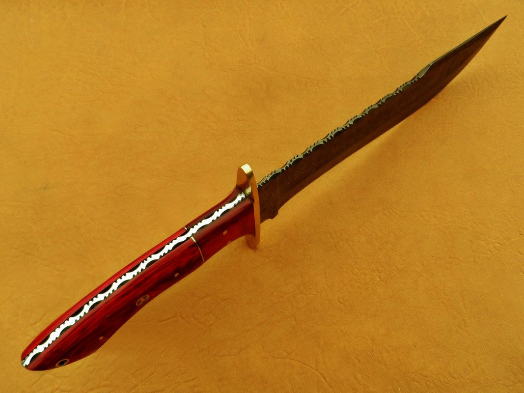Damascus Steel Blade Bowie Knife Handle Red Rose Wood