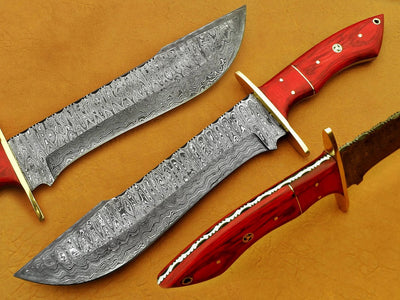 Damascus Steel Blade Bowie Knife Handle Red Rose Wood