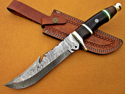 Damascus Steel Blade Bowie Olive Wood Buffalo Horn