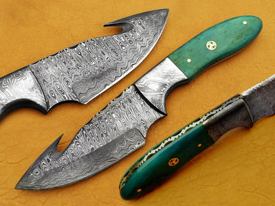 Damascus Hook Bowie Knife With Green Sheet Handle