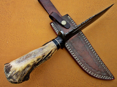 Damascus Steel Blade Bowie Knife Handle Deer Antler Boolster