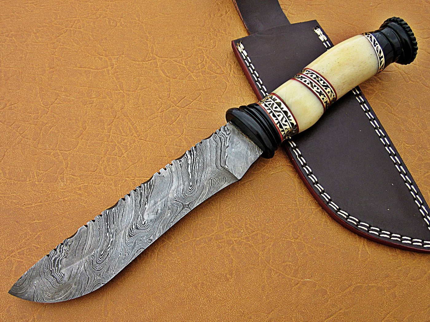 Damascus Steel Blade Bowie Handle Material Camel Bone