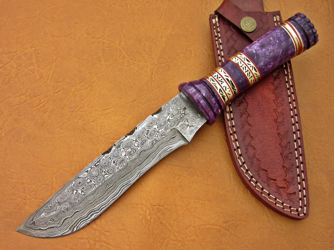 Damascus Steel Blade Bowie Knife Handle Purple Bone