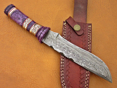 Damascus Steel Blade Bowie Knife Handle Purple Bone