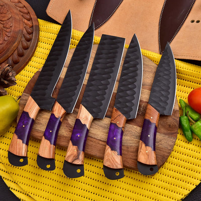 Premium Handmade Chef Knife Set of 5 with wood and Resin handles