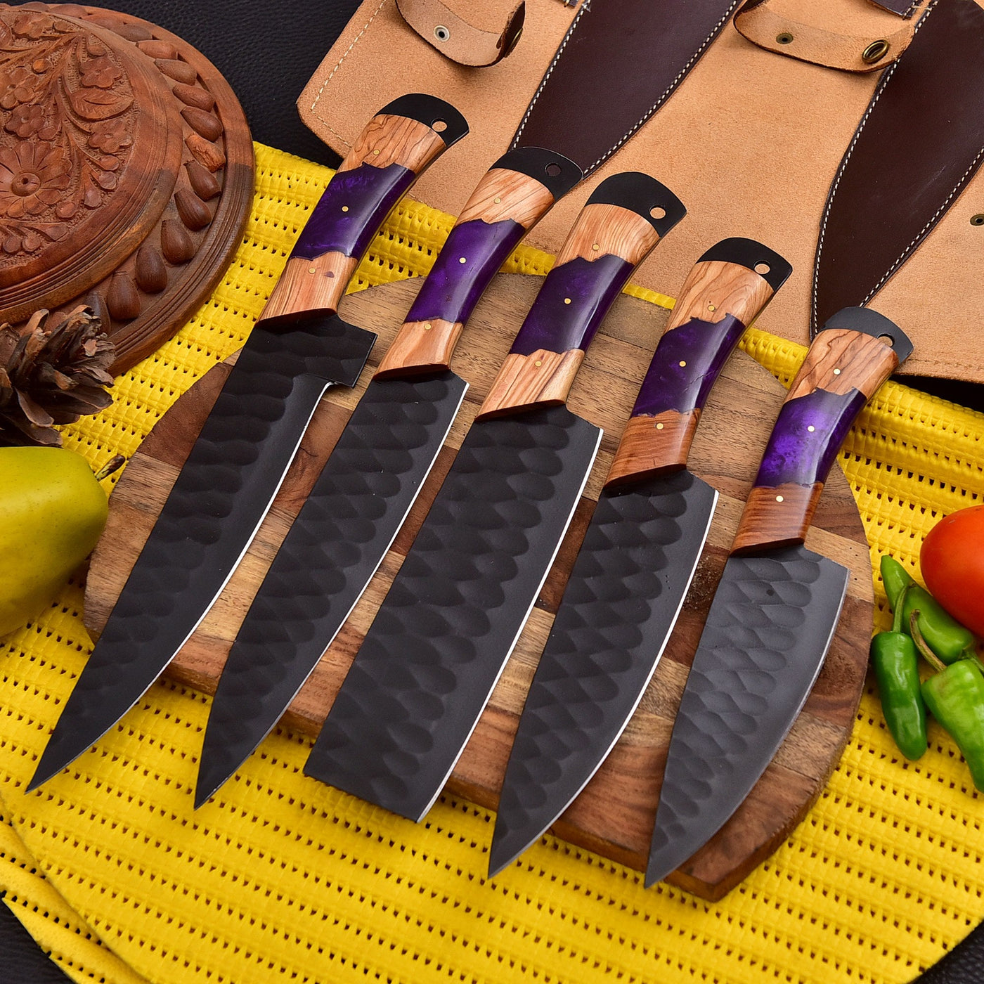 Premium Handmade Chef Knife Set of 5 with wood and Resin handles