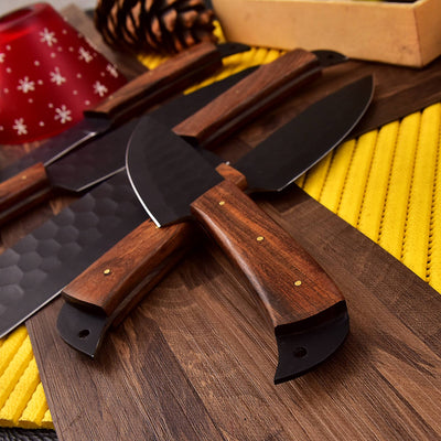 Brown Wood Handles Classical Kitchen Knife Set of 5 with Leather Bag