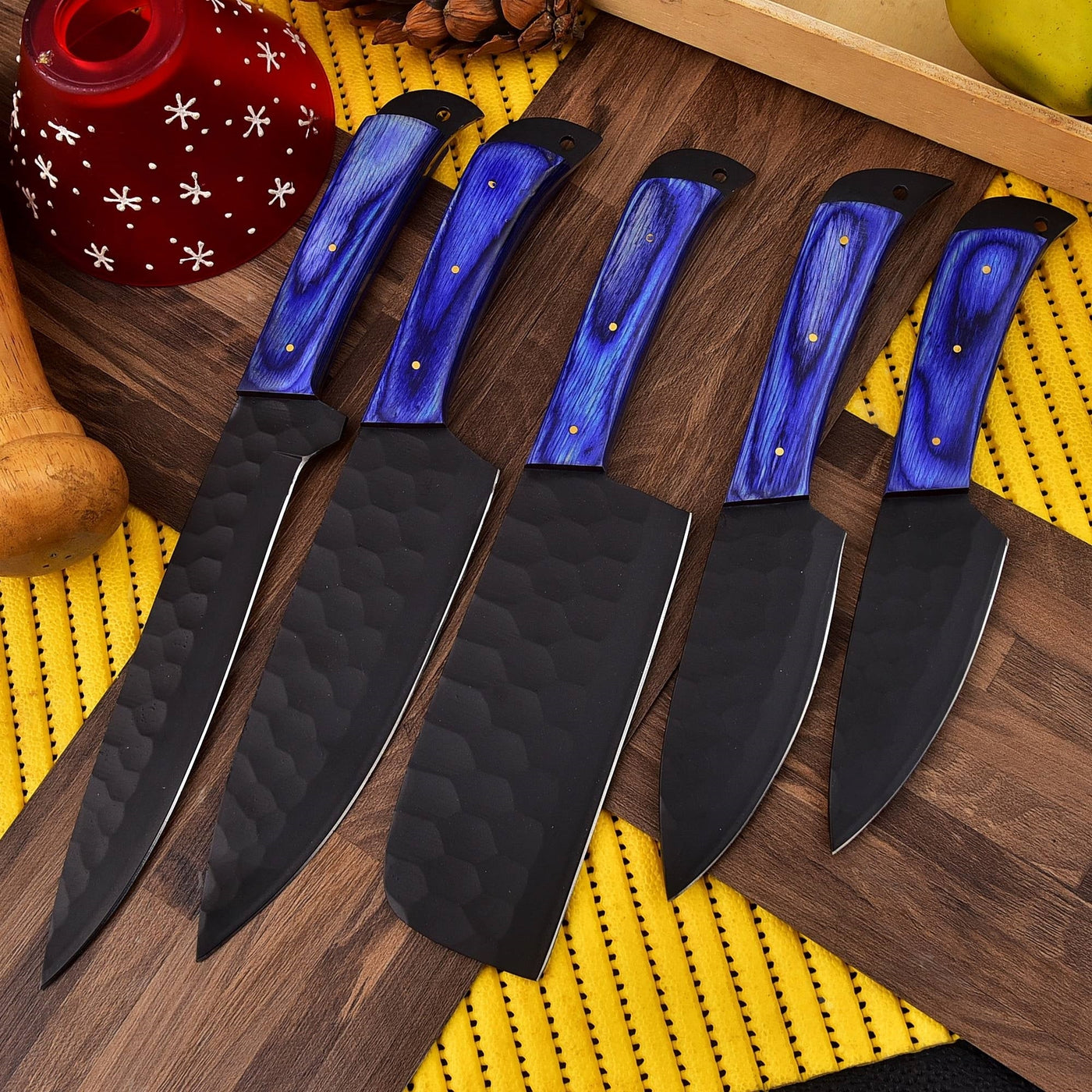 Blue Classical Handmade Chef Knife Set with Leather Sheath