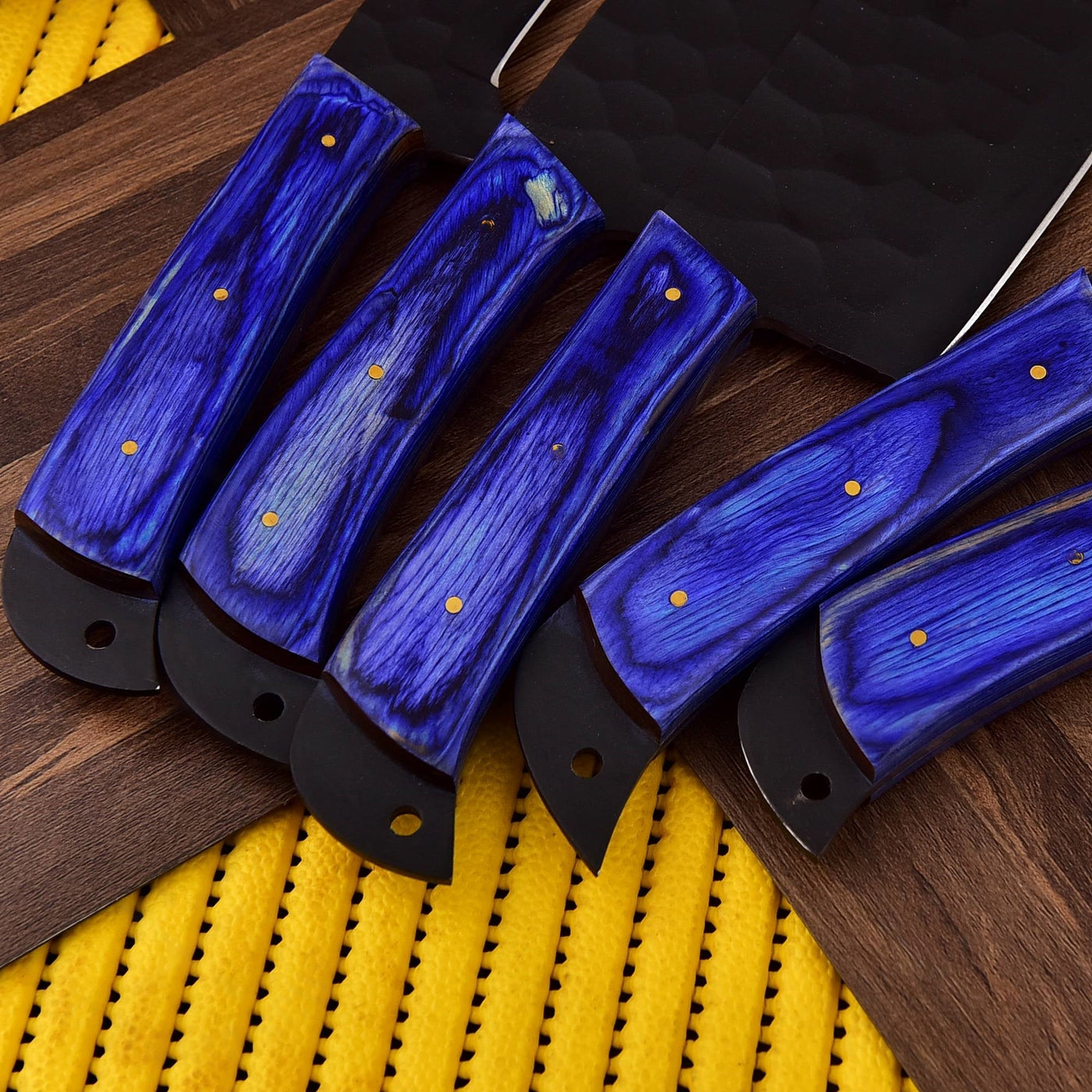 Blue Classical Handmade Chef Knife Set with Leather Sheath