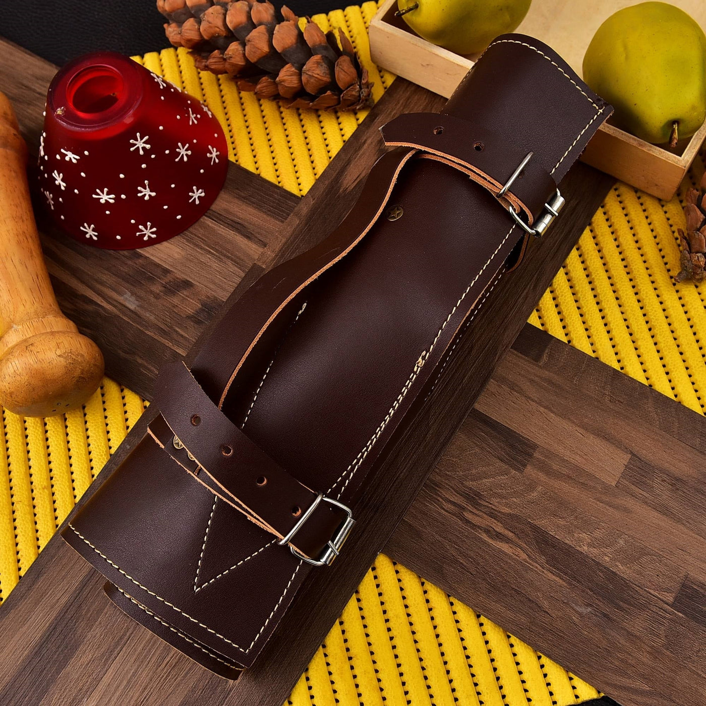 Brown Wood Handles Classical Kitchen Knife Set of 5 with Leather Bag